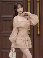 華やか花柄 シフォンケーキフリルオフショルドレス-ミルクティー-XL