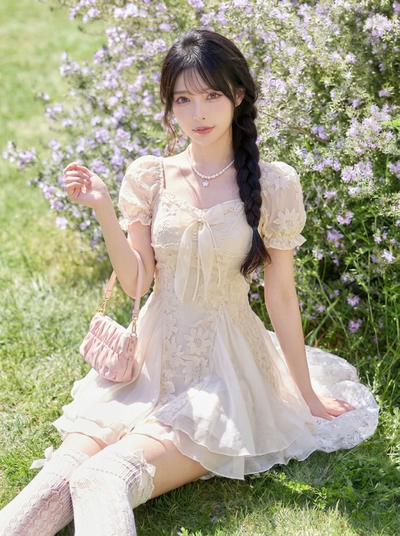 純欲ムード 刺繍花柄パフロングワンピース リゾート風-ミニワンピース-XL