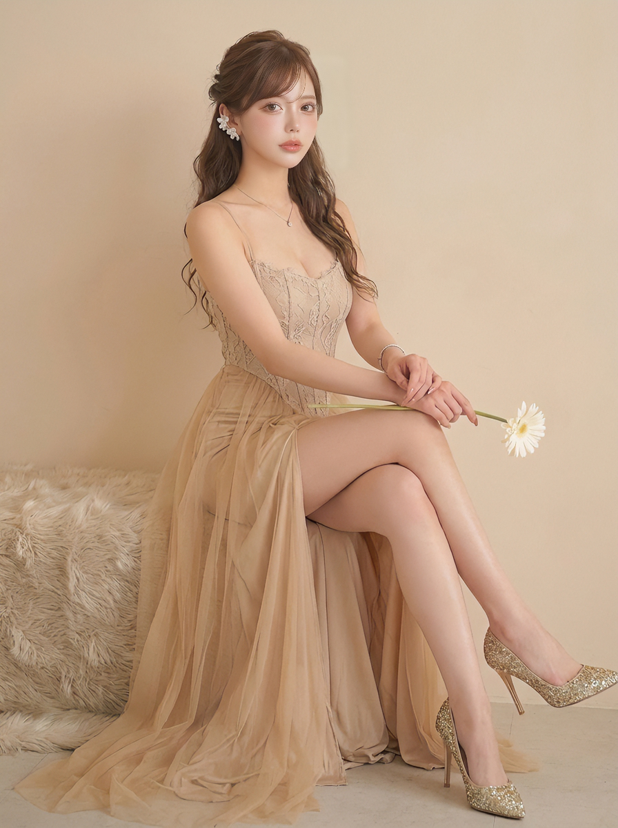 無地 ノースリーブ レース 切り替え セクシー キャミワンピース-カーキ-L