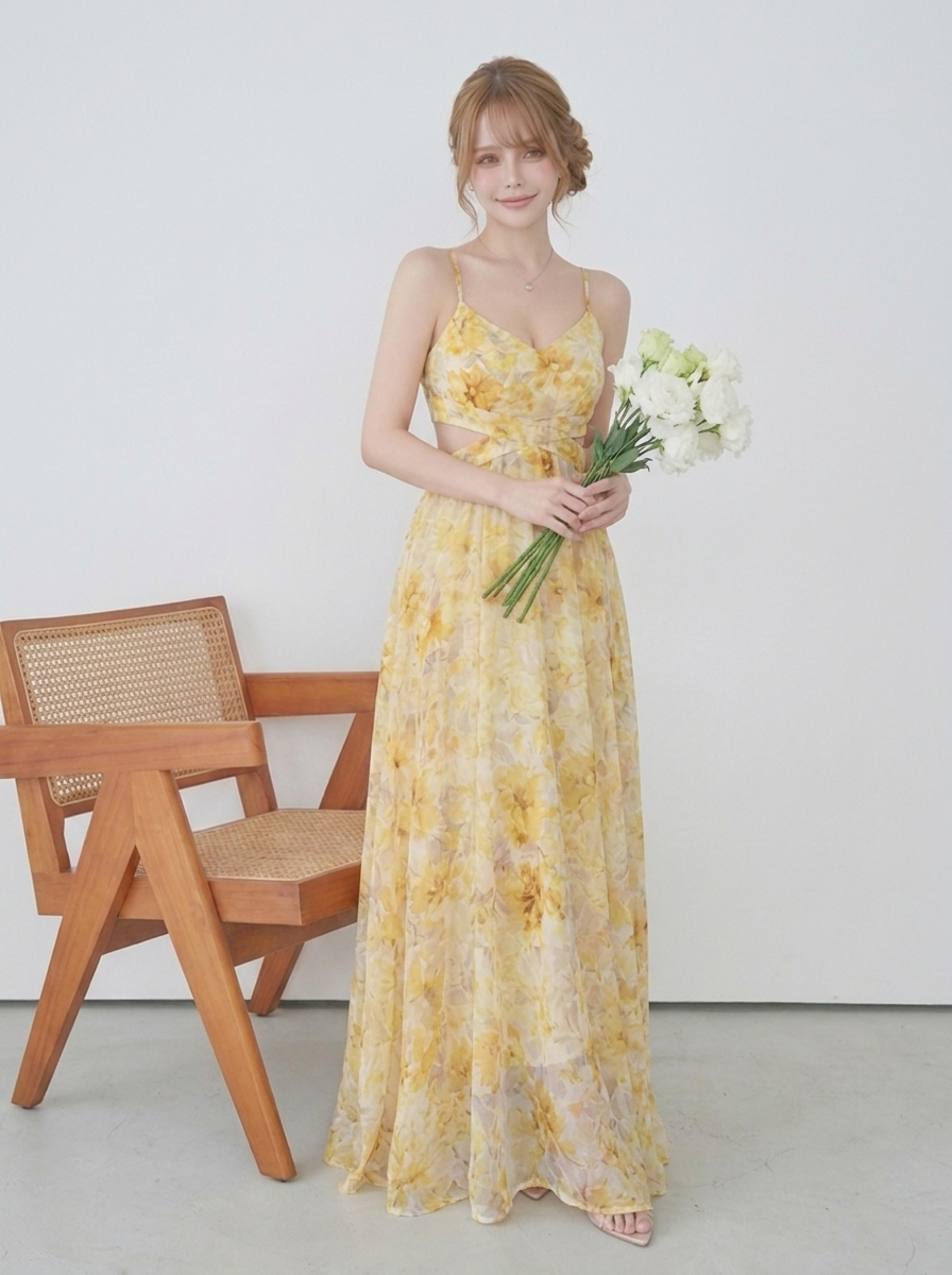 花柄プリント キャミネック Aラインワンピース