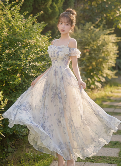 フリル付 ロングワンピース フレンチ風-写真通り-L