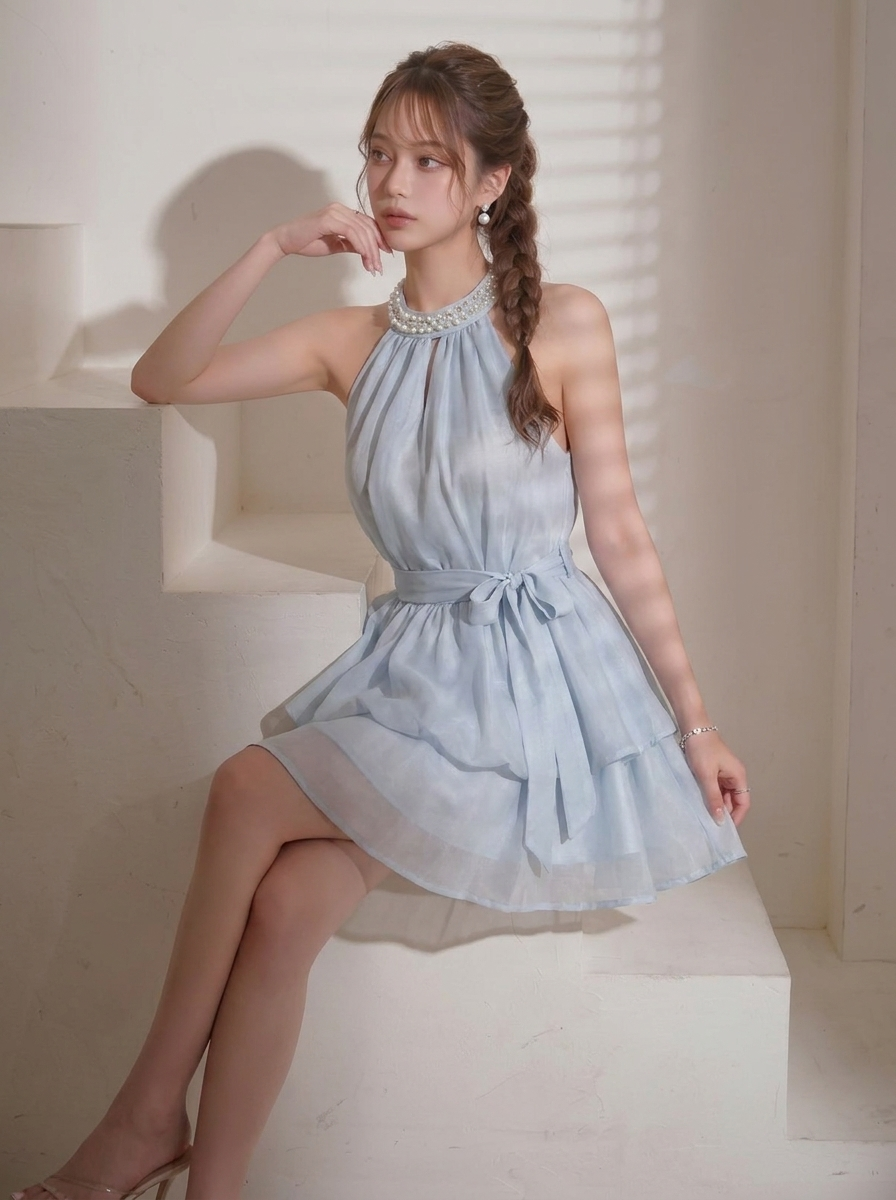 リボン結び フリル プリーツ ノースリーブ ワンピース