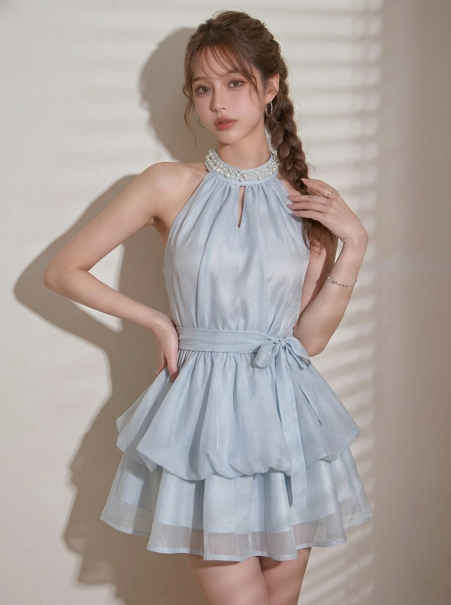 リボン結び フリル プリーツ ノースリーブ ワンピース