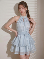 リボン結び フリル プリーツ ノースリーブ ワンピース