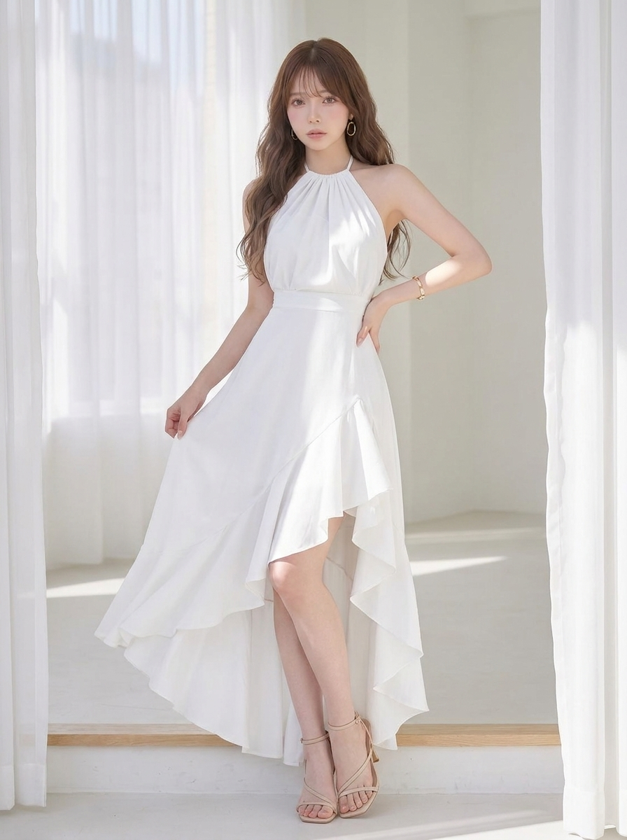 5色展開｜ホルターネック ノースリーブ切替ワンピース