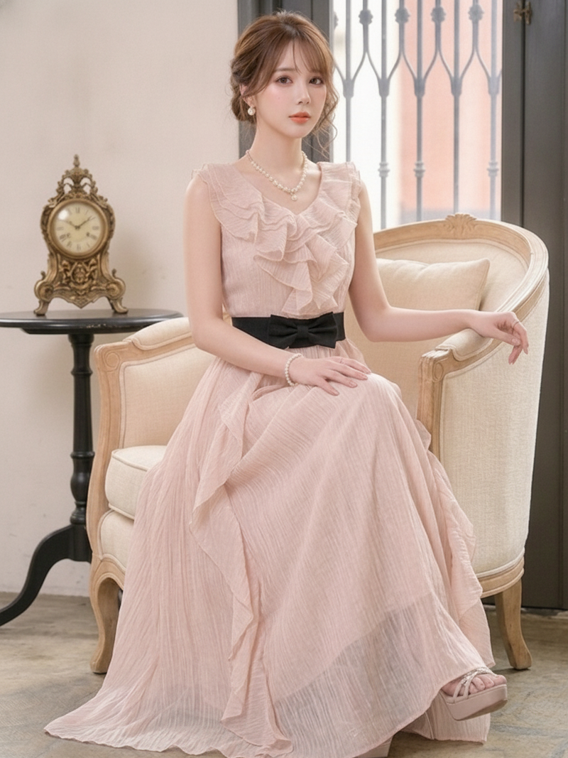 毎日参考になる！ フリル袖 ノースリーブ 無地 Vネック フリル レトロ ワンピース-ピンク-L