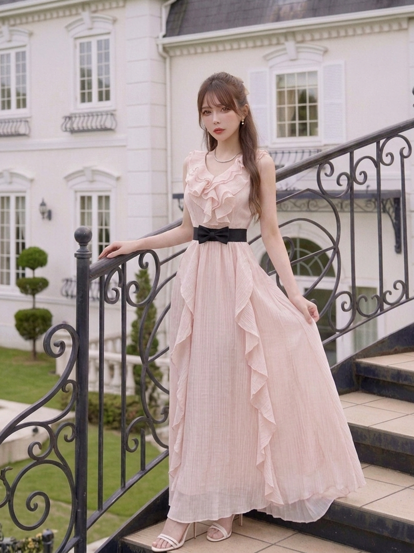 フレアスリーブ ノースリーブ Vネック ロングワンピース