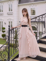 フレアスリーブ ノースリーブ Vネック ロングワンピース