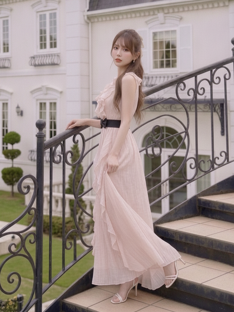フレアスリーブ ノースリーブ Vネック ロングワンピース