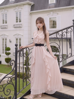 フレアスリーブ ノースリーブ Vネック ロングワンピース