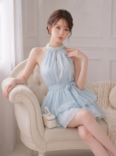 リボン結び フリル プリーツ ノースリーブ ワンピース-ブルー-XL