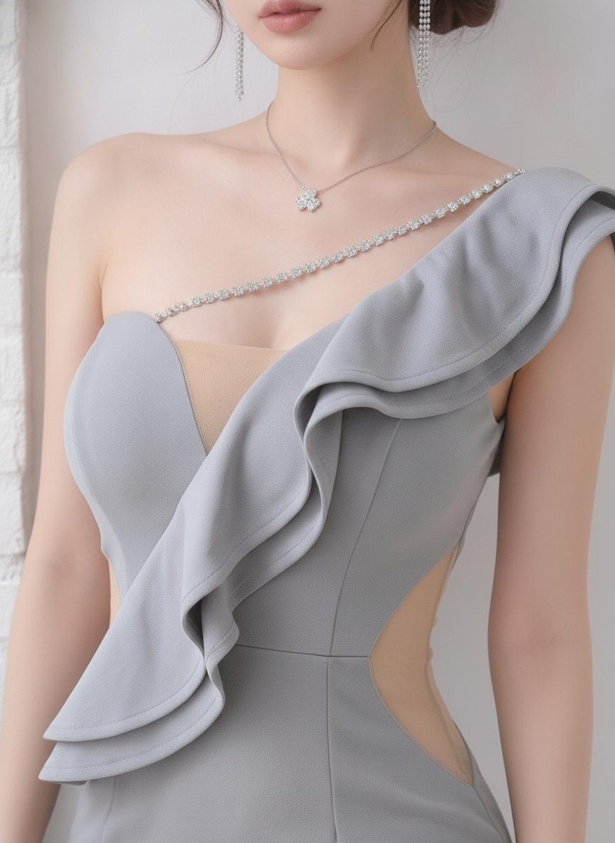 ラインストーン付き オフショルダー スリット タイト ミニワンピース