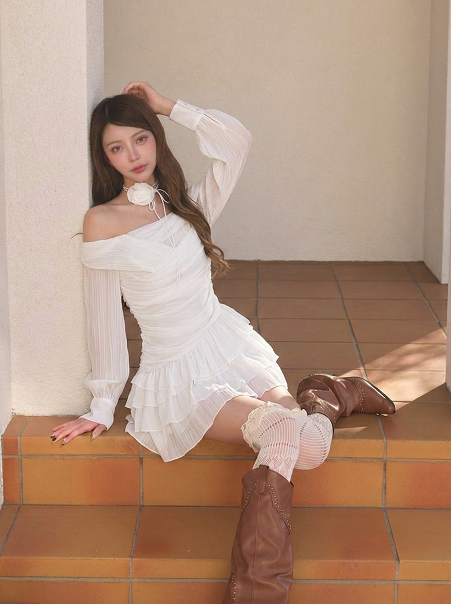 花柄プリント シフォン オフショルダー ミニワンピース