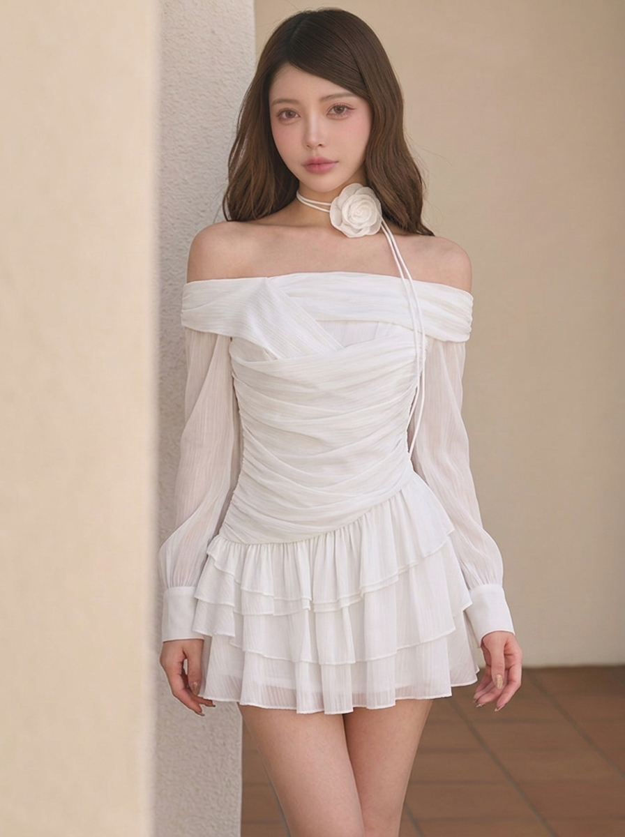 花柄プリント シフォン オフショルダー ミニワンピース