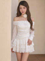花柄プリント シフォン オフショルダー ミニワンピース