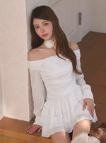 花柄プリント シフォン オフショルダー ミニワンピース