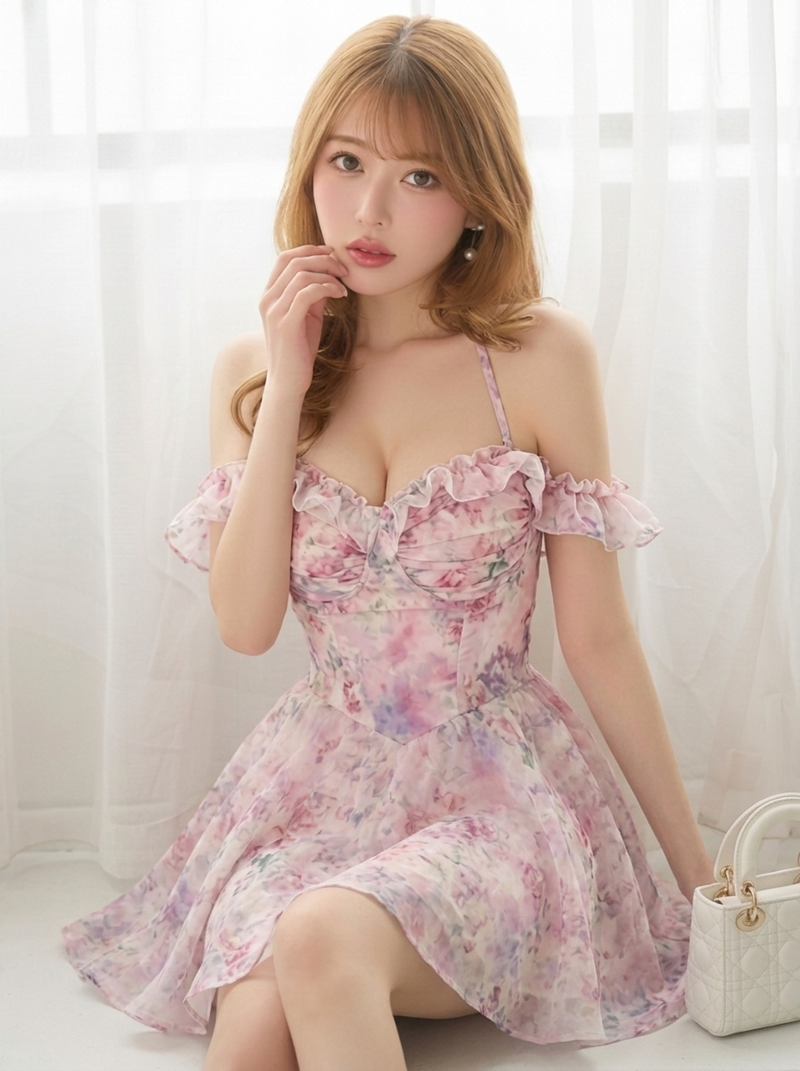 オフショルダーフリルキャミ バラ水彩花柄コルセットフレアミニワンピース-写真通り-L