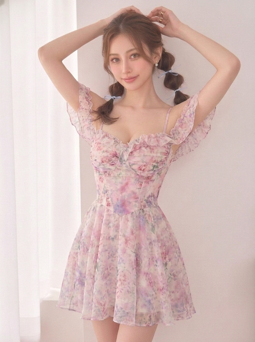 オフショルダー 花柄プリント ミニワンピース