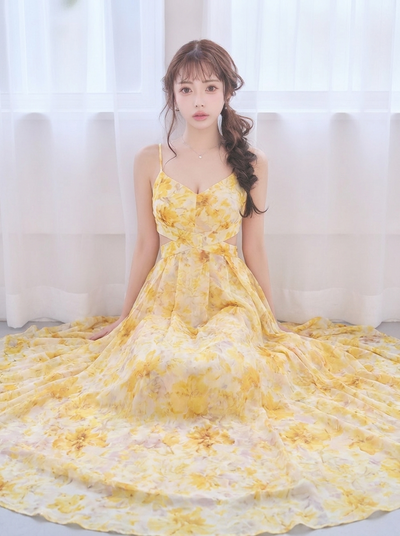 花柄プリント キャミネック Aラインワンピース-イエロー-XL