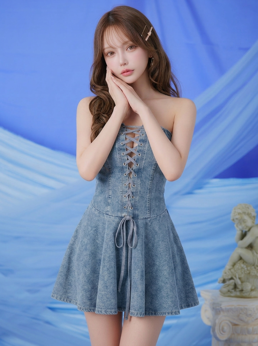 人気を獲得♡ 切り替え ファスナー ギャザー ノースリーブ プリント ファッション ワンピース-ライトブルー-XL