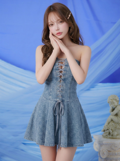 人気を獲得♡ 切り替え ファスナー ギャザー ノースリーブ プリント ファッション ワンピース-ライトブルー-XL