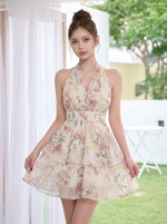 バックオープン ホルターネック Aライン ミニワンピース