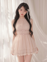 レース ノースリーブ リボン付き ギャザー ミニワンピース