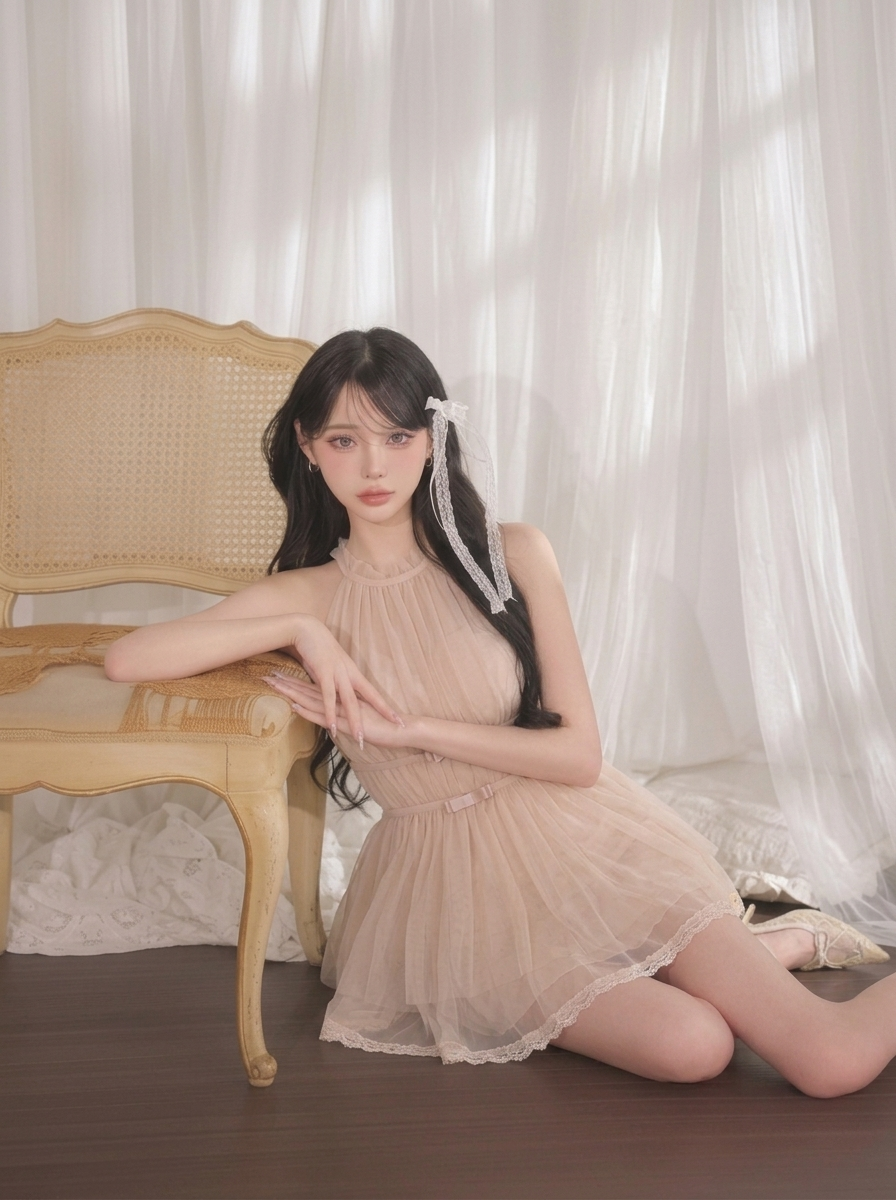 レース ノースリーブ リボン付き ギャザー ミニワンピース