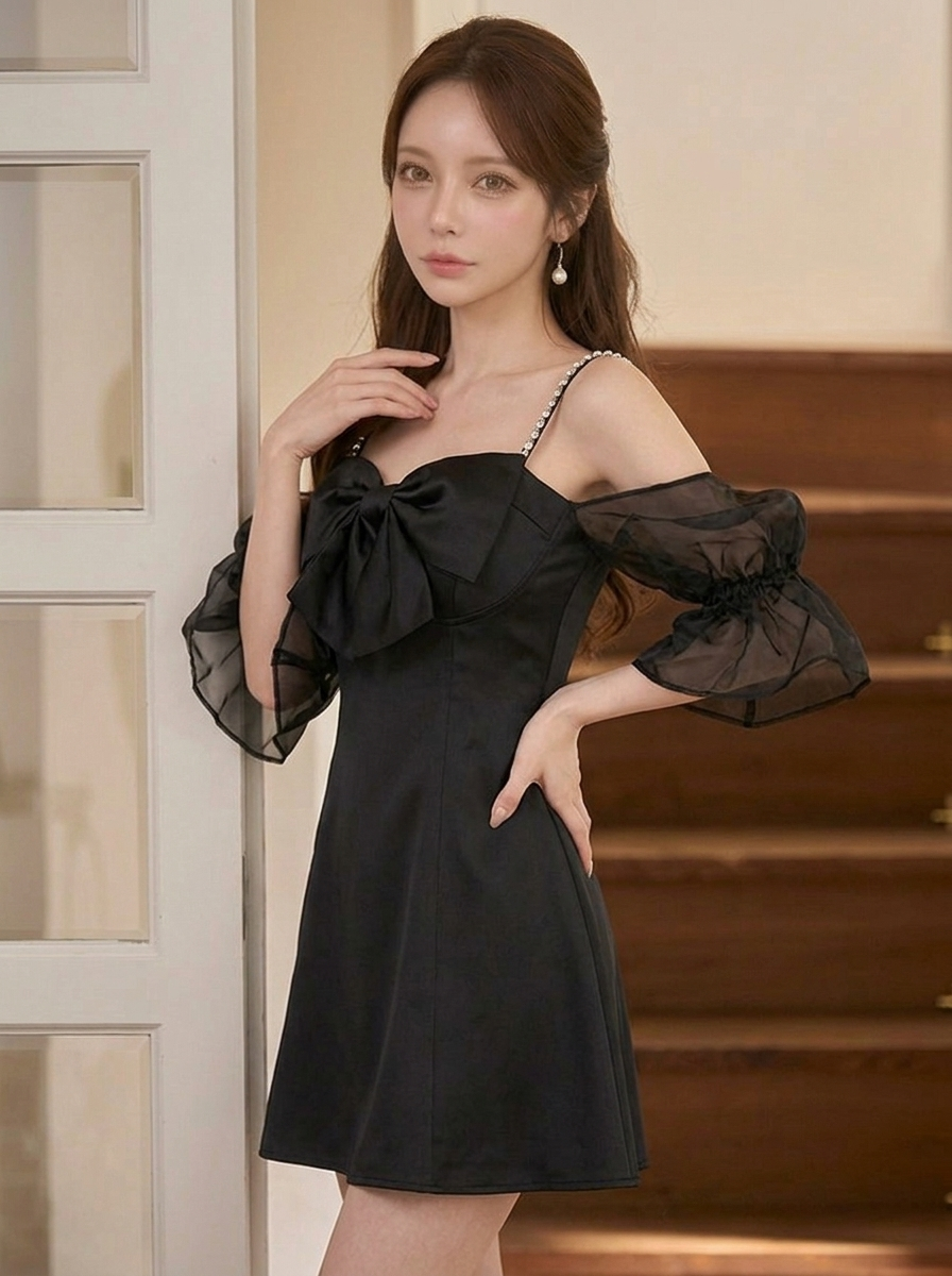 リボン付き パフスリーブ Aラインミニドレス