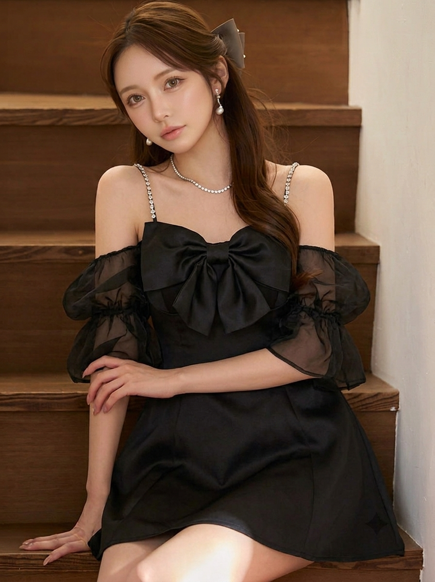 リボン付き パフスリーブ Aラインミニドレス