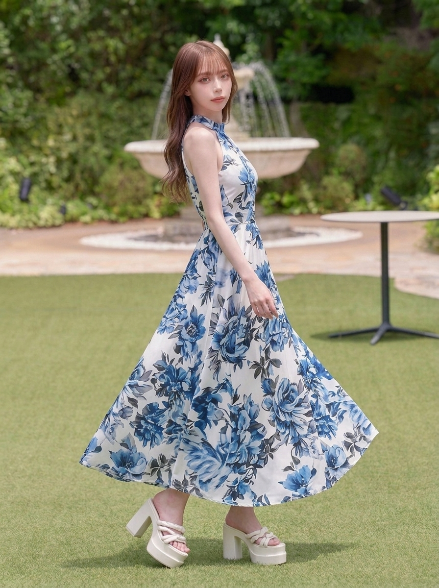 プリント スリムロングワンピース