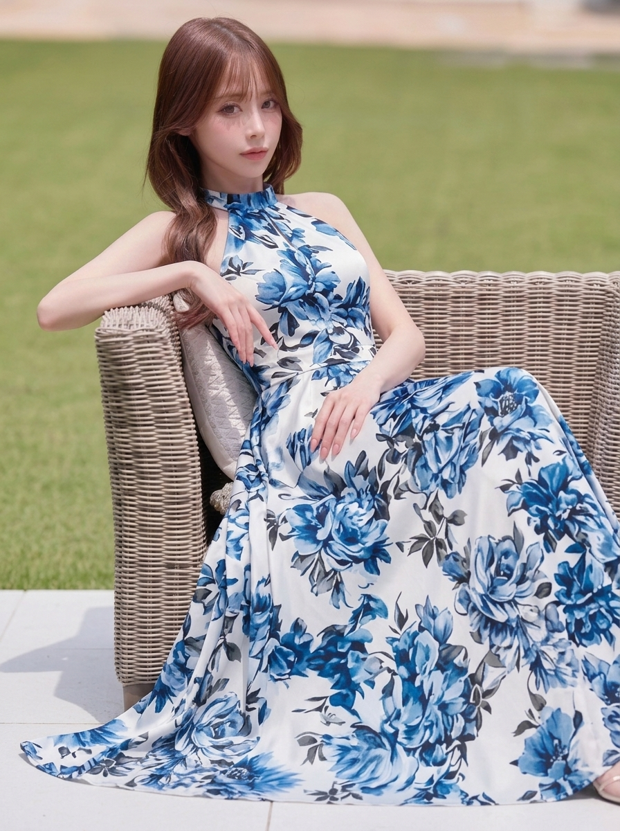 プリント スリムロングワンピース