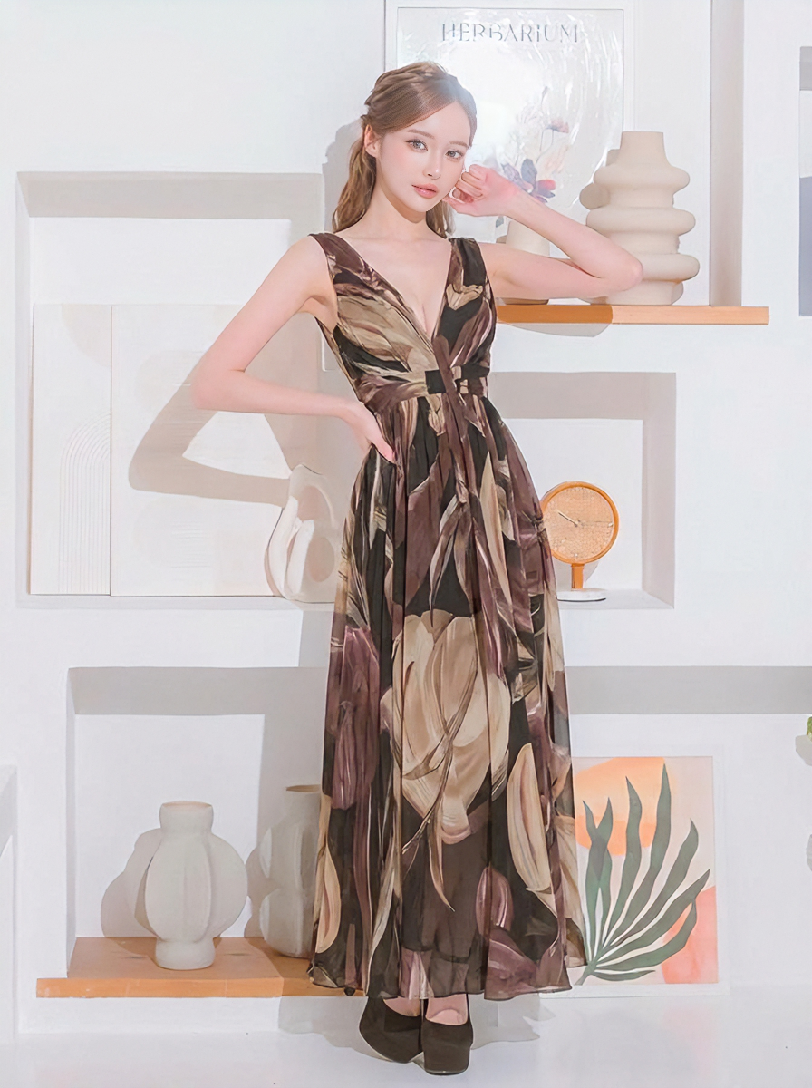 Vネック ロングワンピース