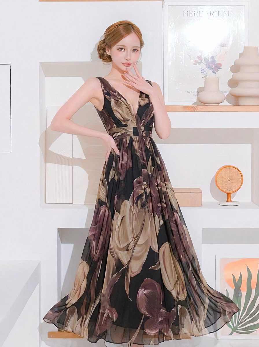 Vネック ロングワンピース