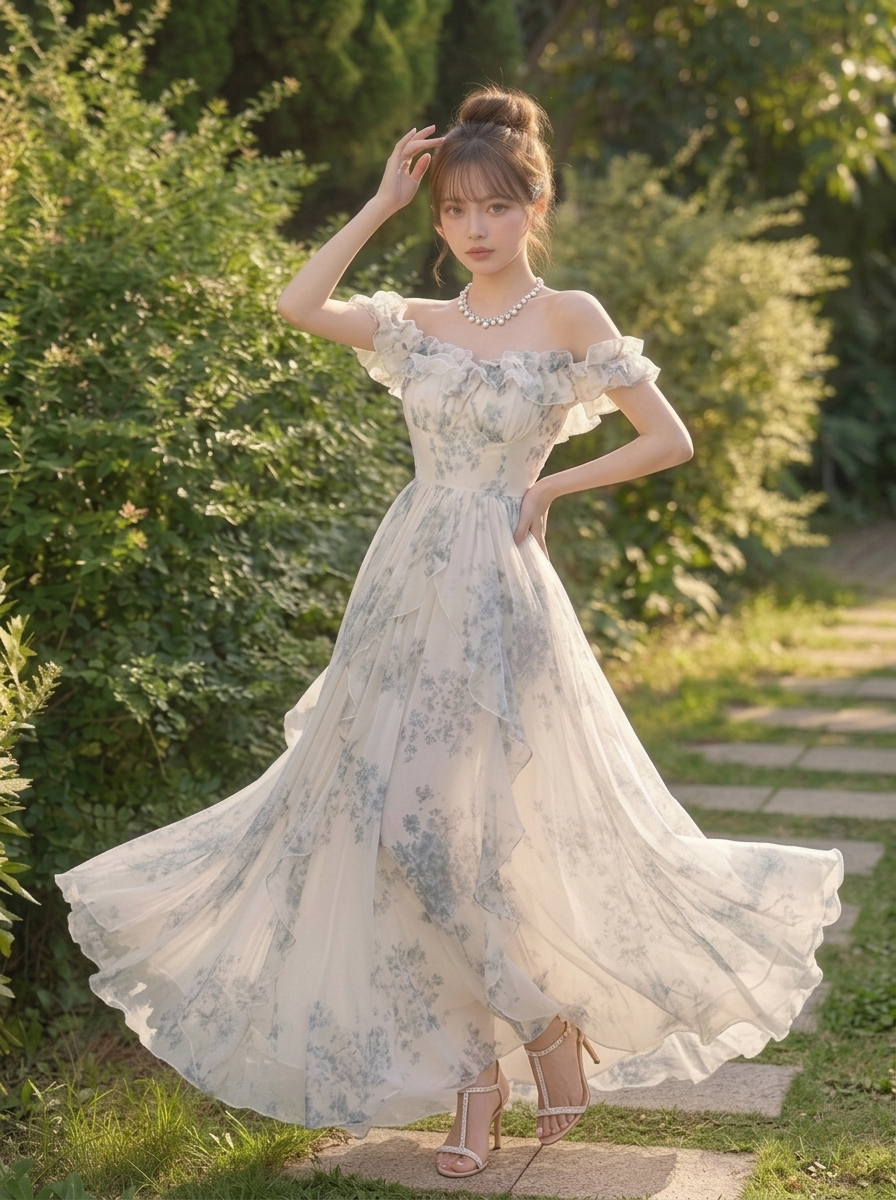 フリル付 ロングワンピース フレンチ風