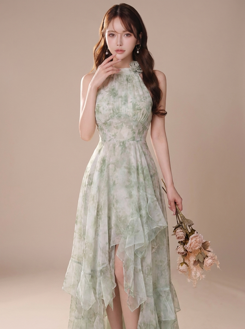花柄プリント フリル 切り替え ノースリーブ ワンピース