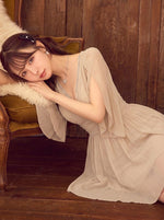 シフォン Vネック Aライン 長袖 ワンピース