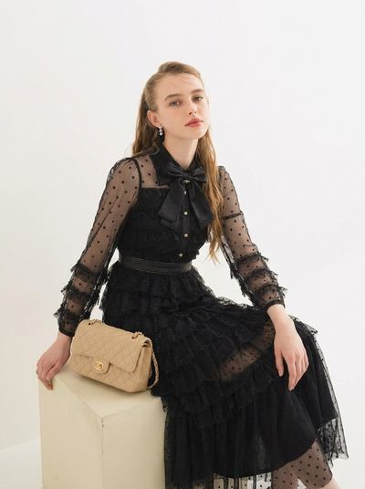 毎日モテ続けちゃう！ ギャザー リボン結び レース 長袖 ノーマルスリーブ フェミニン ワンピース-ブラック-L