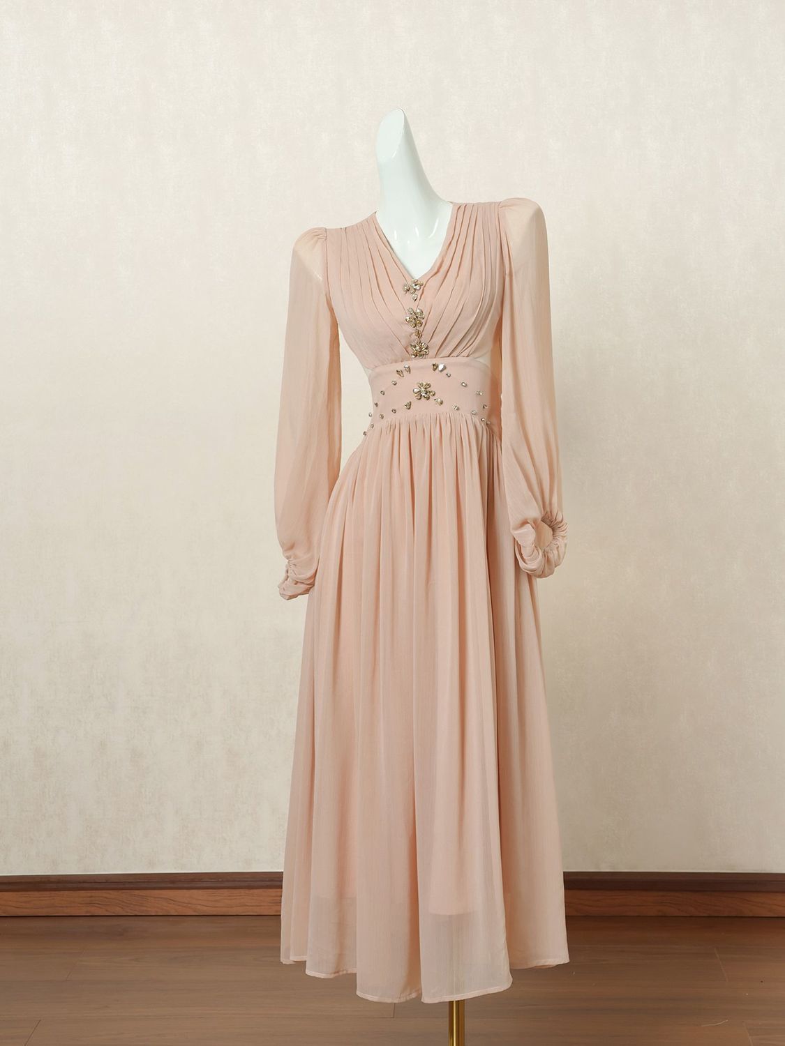 長袖 Aライン シフォン ロングワンピース