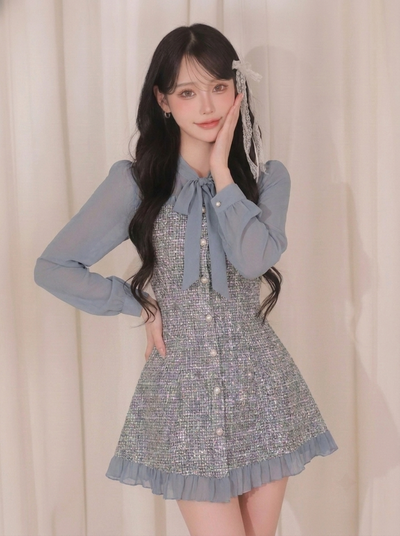 リボン結び Aライン 長袖ワンピース-写真通り-XL