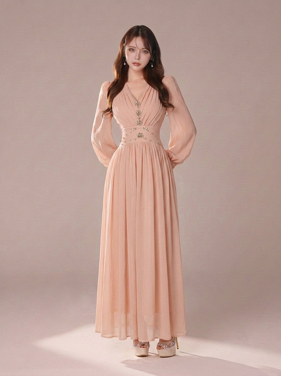 長袖 Aライン シフォン ロングワンピース