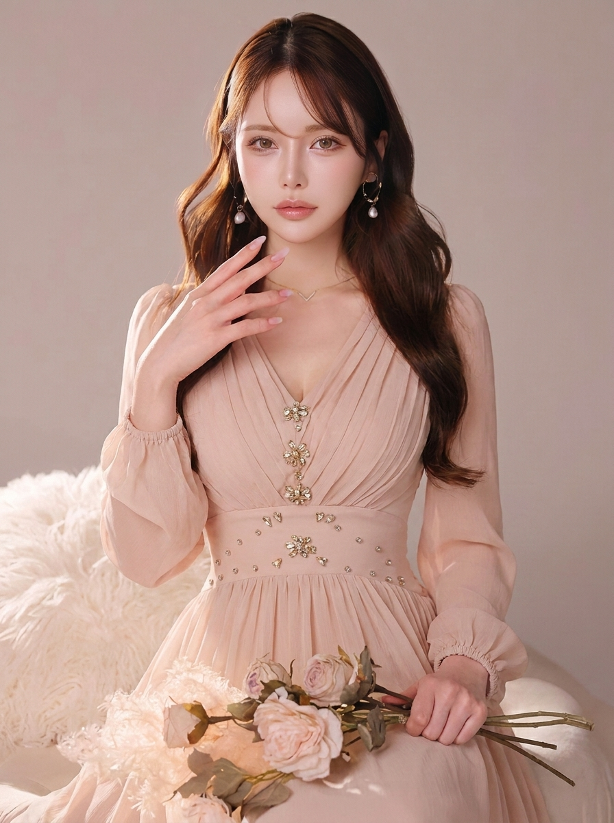 長袖 Aライン シフォン ロングワンピース