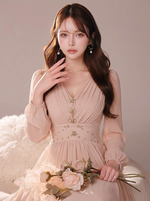 長袖 Aライン シフォン ロングワンピース