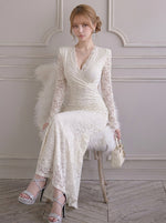 Vネック レース フィッシュテールロングドレス-アプリコット-L