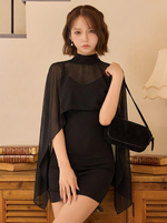 スタンドネック ドロップショルダー 上下2点セットタイトドレス-ブラック/【2点セット】-2XL