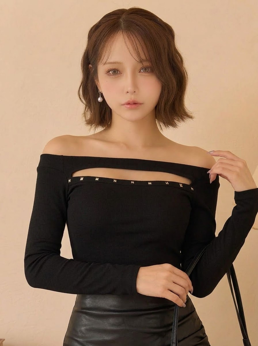 カットワーク リベット飾り オフショルダー 長袖 Tシャツ