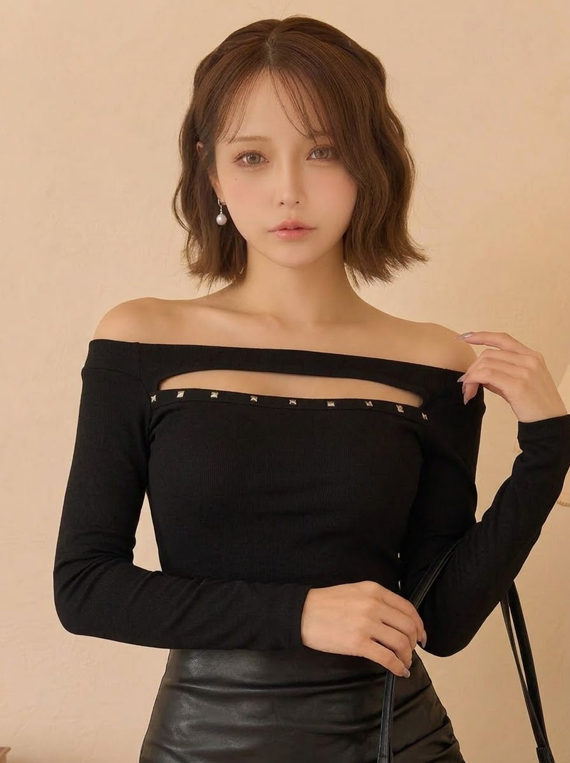 カットワーク リベット飾り オフショルダー 長袖 Tシャツ
