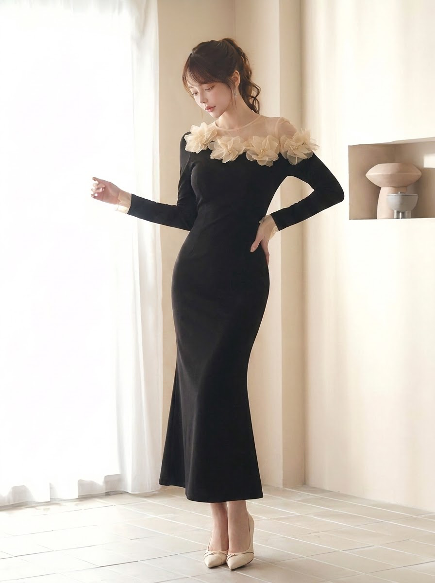 長袖 レース切替 ロングワンピース