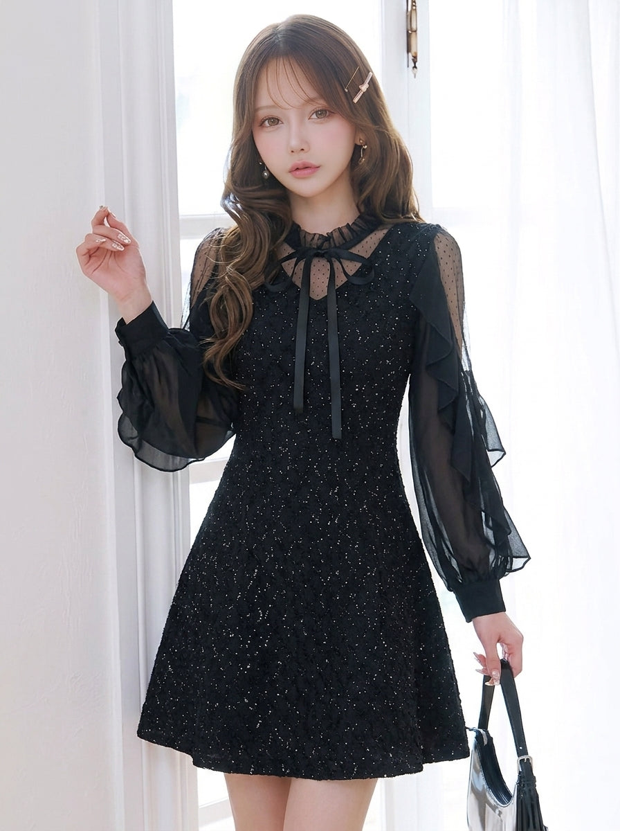 キラキラ 長袖ショートワンピース 無地-ブラック-4XL