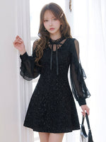 キラキラ 長袖ショートワンピース 無地-ブラック-4XL